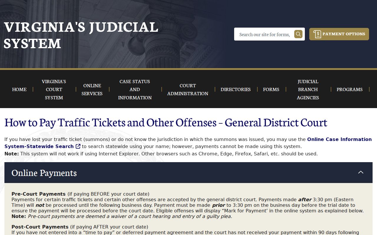 Roanoke City traffic warrant records official Virginia ticket payment search