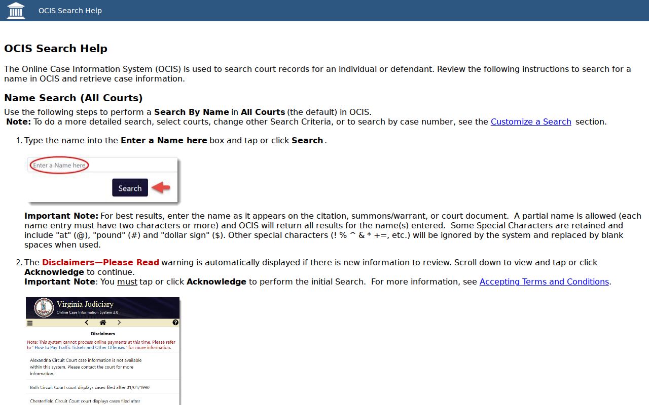 Roanoke City warrant search OCIS help and public case-information fields